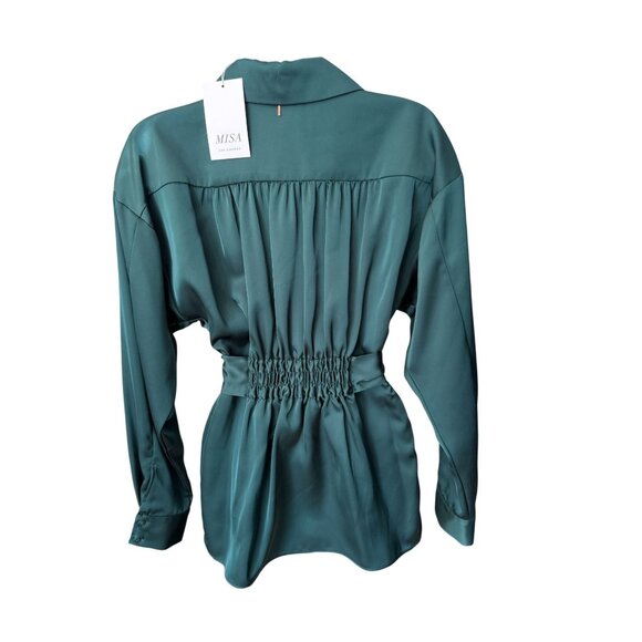 MISA Los Angeles XS Womens Emerald Green Satin Wrap Jacket Blouse Belted - Picture 4 of 11